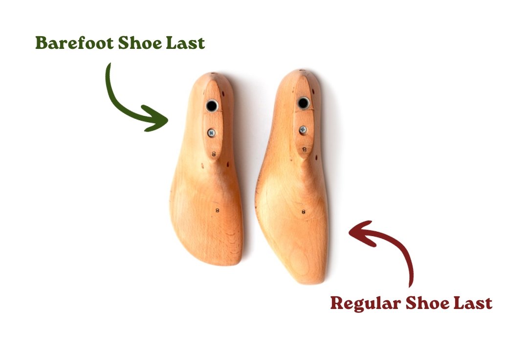 Traditional, pointy-toe shoe last and foot-shaped barefoot shoe last side by side.