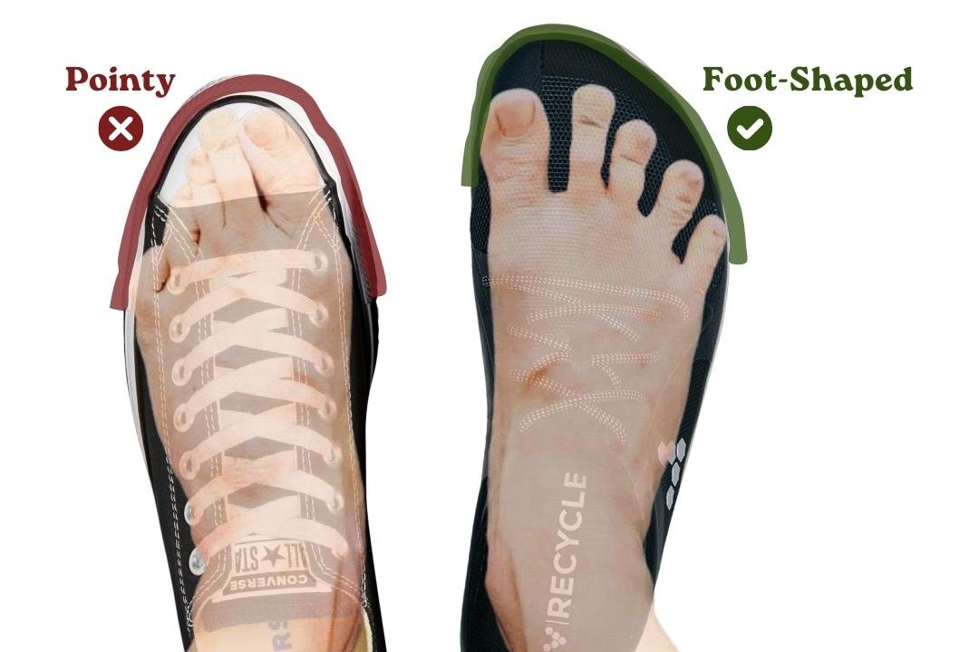 Feet shown in regular and barefoot shoes side by side. Narrow toe box in regular shoes squishes the toes together.